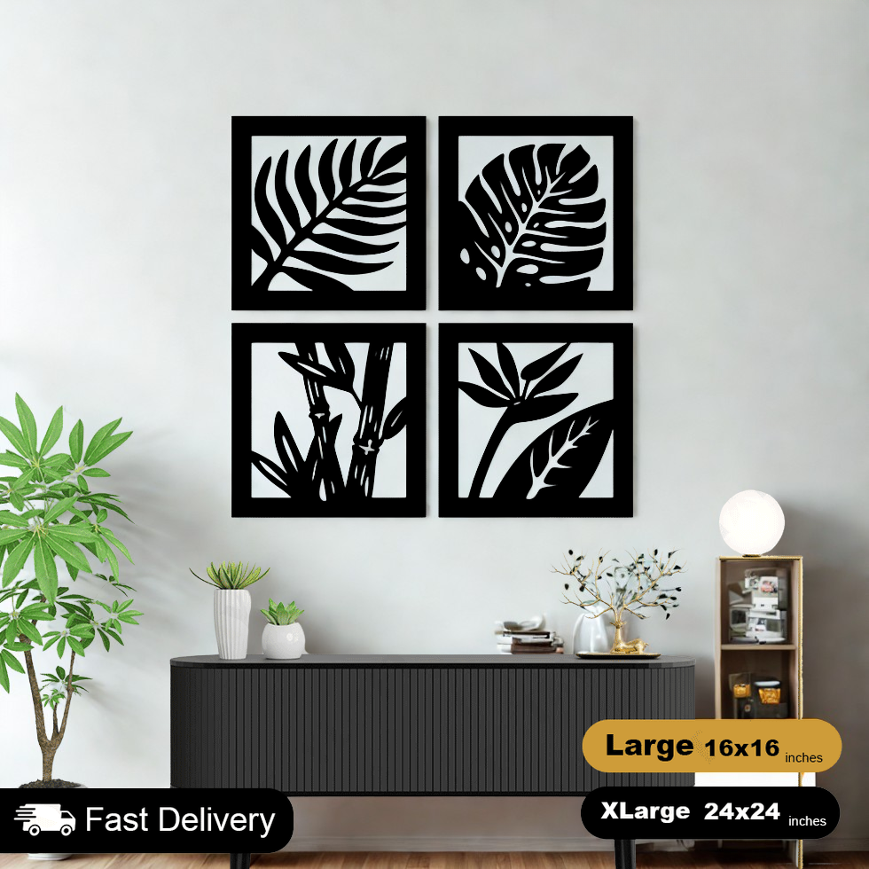 4 Frame Leaf Wooden Panels For Wall Decor